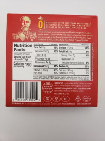 Image of King Oscar royal sardines with red bell pepper back label