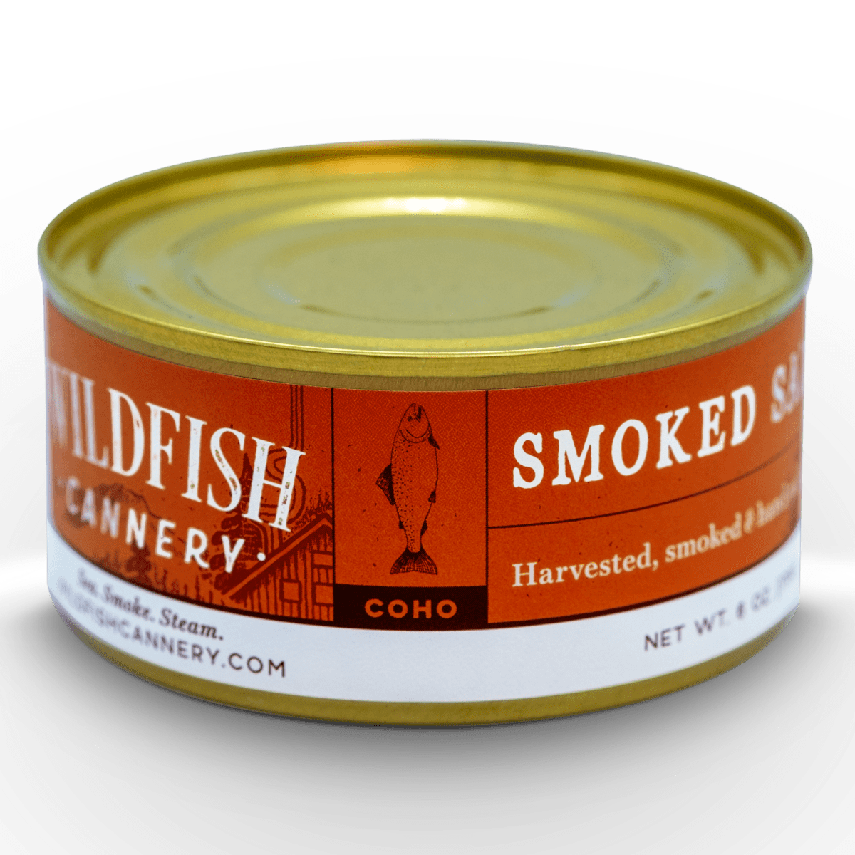 Image of the front of a tin of Wildfish Cannery Smoked Coho Salmon