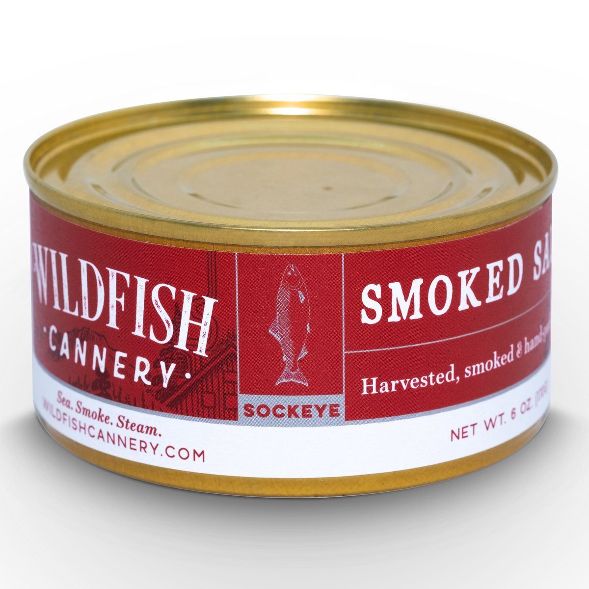 Image of the front of a tin of Wildfish Cannery Smoked Sockeye Salmon