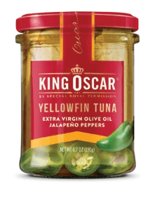 Image of the front of a jar of King Oscar Yellowfin Tuna in Extra Virgin Olive Oil with Jalapeño Peppers, Glass Jar