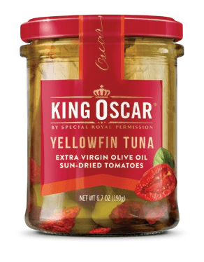 Image of the front of a jar of King Oscar Yellowfin Tuna in Extra Virgin Olive Oil with Sun Dried Tomatoes, Glass Jar