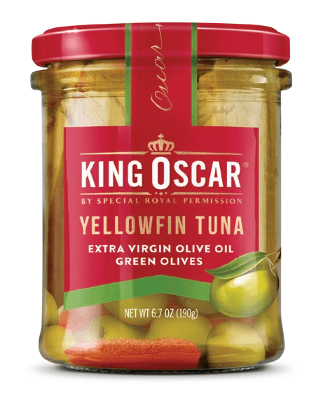 Image of the front of a jar of King Oscar Yellowfin Tuna in Extra Virgin Olive Oil with Green Olives, Glass Jar
