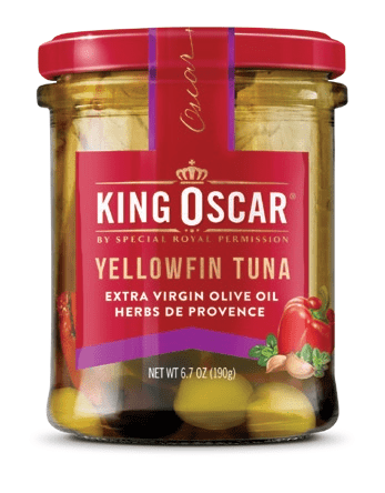 Image of the front of a jar of King Oscar Yellowfin Tuna in Extra Virgin Olive Oil with Herbes de Provence, Glass Jar