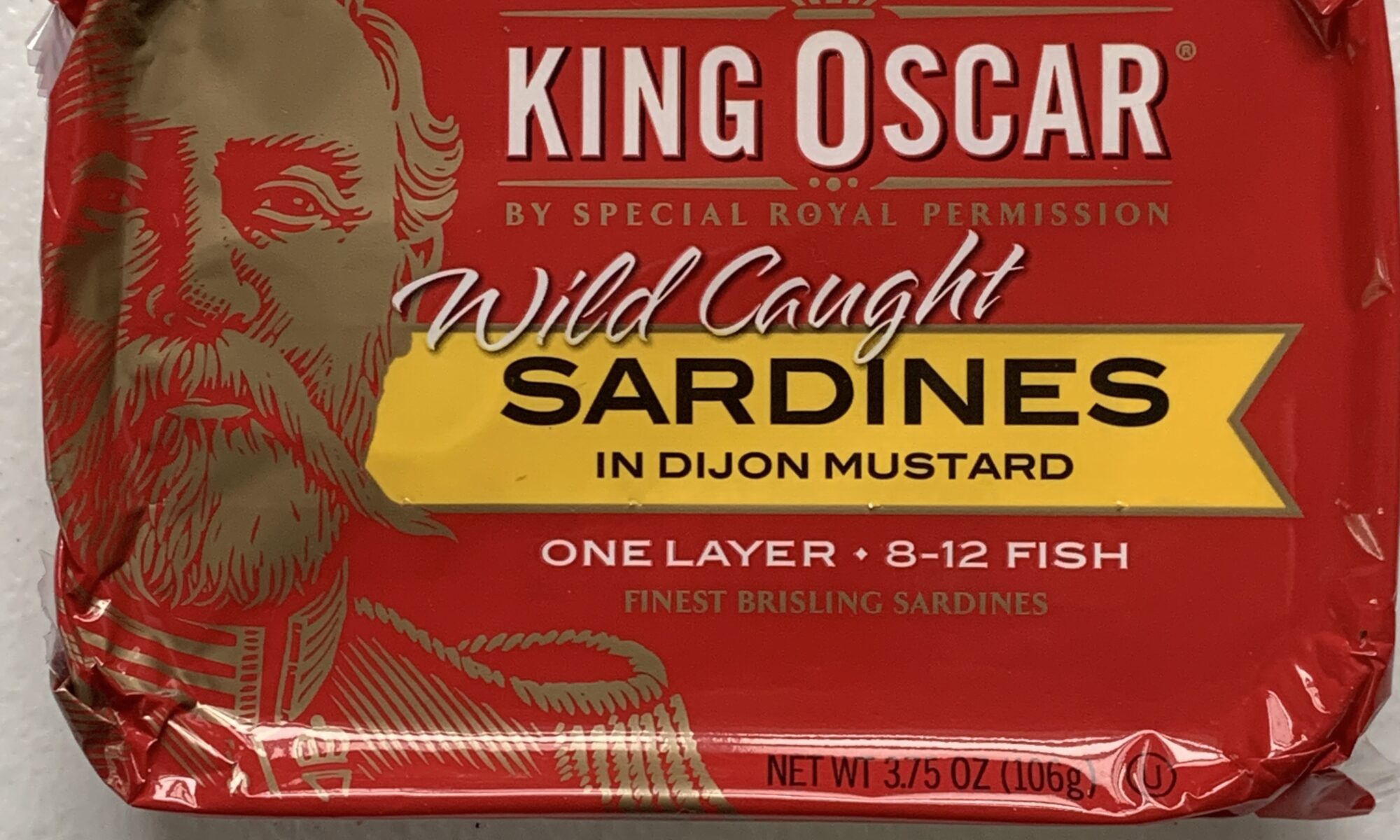 Image of the front of a tin of King Oscar Sardines (Sprats) in Dijon Mustard