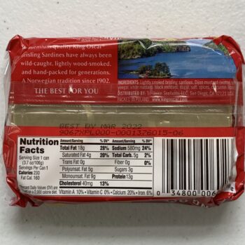 Image of the back of a tin of King Oscar Sardines (Sprats) in Dijon Mustard