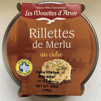 Image of the top of a jar of Les Mouettes d'Arvor Rillettes de Merlu au cidre (Hake rillettes with cider)