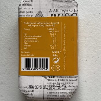 Image of the back of a package of Santa Catarina Tuna Fillets in Olive Oil and Fennel