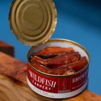 Image of an open tin of Wildfish Cannery Smoked Sockeye Salmon