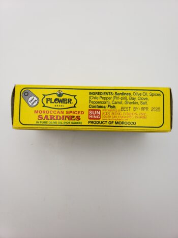 Image of Flower brand spiced sardines side of box