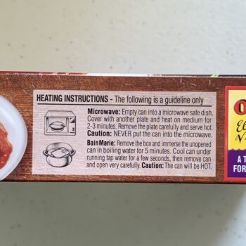 Image of the Heating Instructions panel on a package of Ortiz Sweet Piquillo Peppers stuffed with White Tuna (Bonito del Norte)