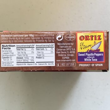 Image of the Nutrition Info panel of a package of Ortiz Sweet Piquillo Peppers stuffed with White Tuna (Bonito del Norte)