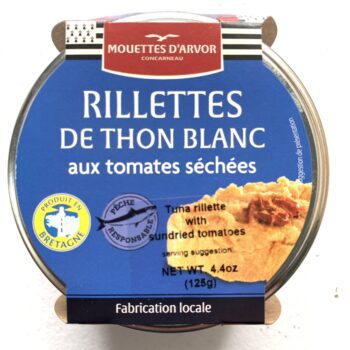 Image of the front of a jar of Mouettes d'Arvor Rillettes de Thon Blanc aux tomates séchées (Albacore with sun-dried tomatoes)