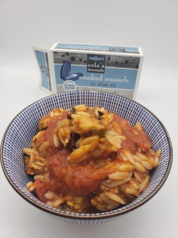 Image of Coles smoked mussels plated with orzo pasta