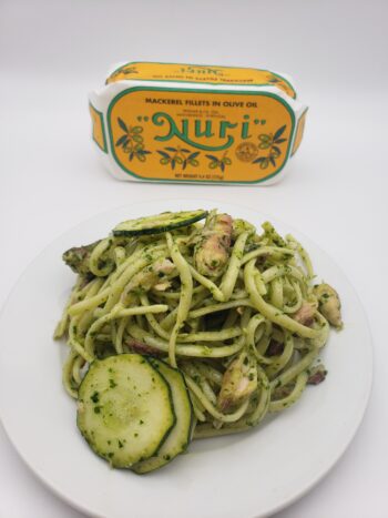 Image of Nuri mackerel in olive oil with pesto pasta and zucchini