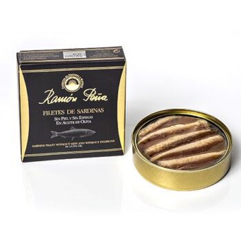 Image of the front of a package and an open tin of Ramón Peña Boneless & Skinless Sardine Fillets in Olive Oil