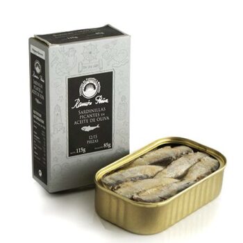 Image of the front of a package and an open tin of Ramón Peña Small Sardines in Spicy Olive Oil 12/16