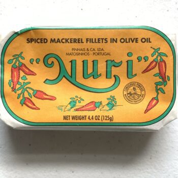 Image of the front of a package of Nuri Spiced Mackerel Fillets in Olive Oil