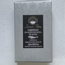 Image of the front of a package of Ramón Peña Small Sardines in Spicy Olive Oil 12/16