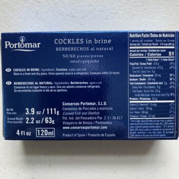 Image of the back of a package of Portomar Cockles in Brine 50/60