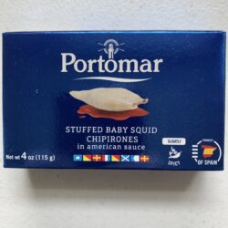 Image of the front of a package of Portomar Stuffed Baby Squid in American Sauce