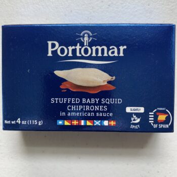 Image of the front of a package of Portomar Stuffed Baby Squid in American Sauce