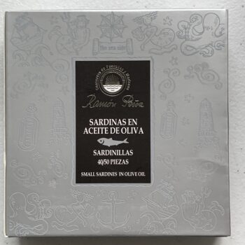 Image of the front of a package of Ramón Peña Small Sardines in Olive Oil 40/50, Large Format