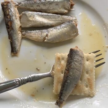 Image of fish from a tin of Ramón Peña Small Sardines in Spicy Olive Oil 12/16, Silver Line with a fork and a saltine for scale