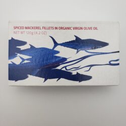 Image of the front of a package of Maria Organic Spiced Mackerel