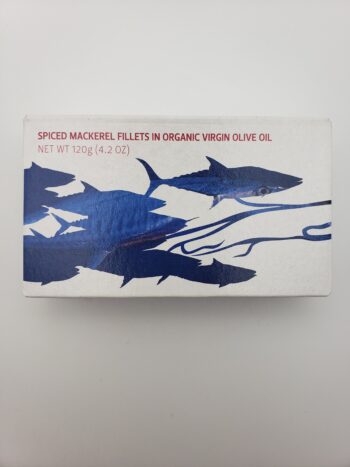 Image of the front of a package of Maria Organic Spiced Mackerel