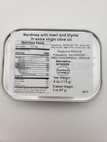 Image of les mouettes d'arvour sardines with thyme and basil back label