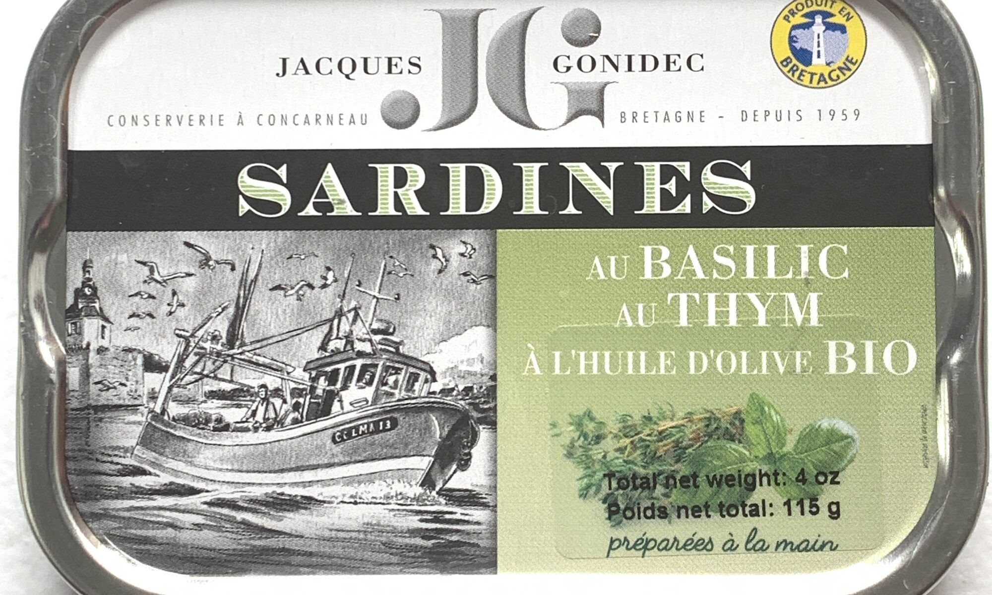 Image of the front of a tin of Jacques Gonidec Sardines with Organic Basil and Organic Thyme in Organic Extra Virgin Olive Oil