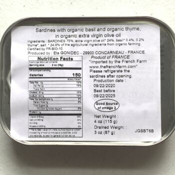 Image of the back of a tin of Jacques Gonidec Sardines with Organic Basil and Organic Thyme in Organic Extra Virgin Olive Oil