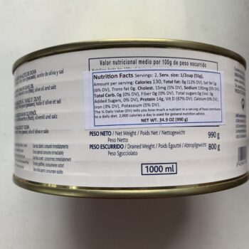 Image of the Nutrition Info on a tin of La Brújula Yellowfin Tuna in Olive Oil, No. 62 Large Format