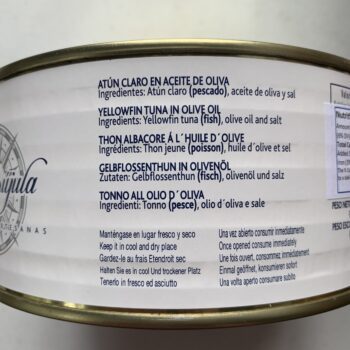 Image of the side panel of a tin of La Brújula Yellowfin Tuna in Olive Oil, No. 62 Large Format
