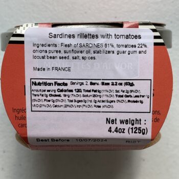Image of the side panel of a jar of Mouettes d'Arvor Sardine Rillettes with Fresh Tomato