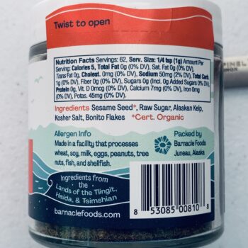 Image of the side panel of a jar of Barnacle Foods Alaskan Furikake Kelp Seasoning