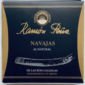 Image of the front of a tin of Ramón Peña Razorshells (Navajas) in Brine 4/6
