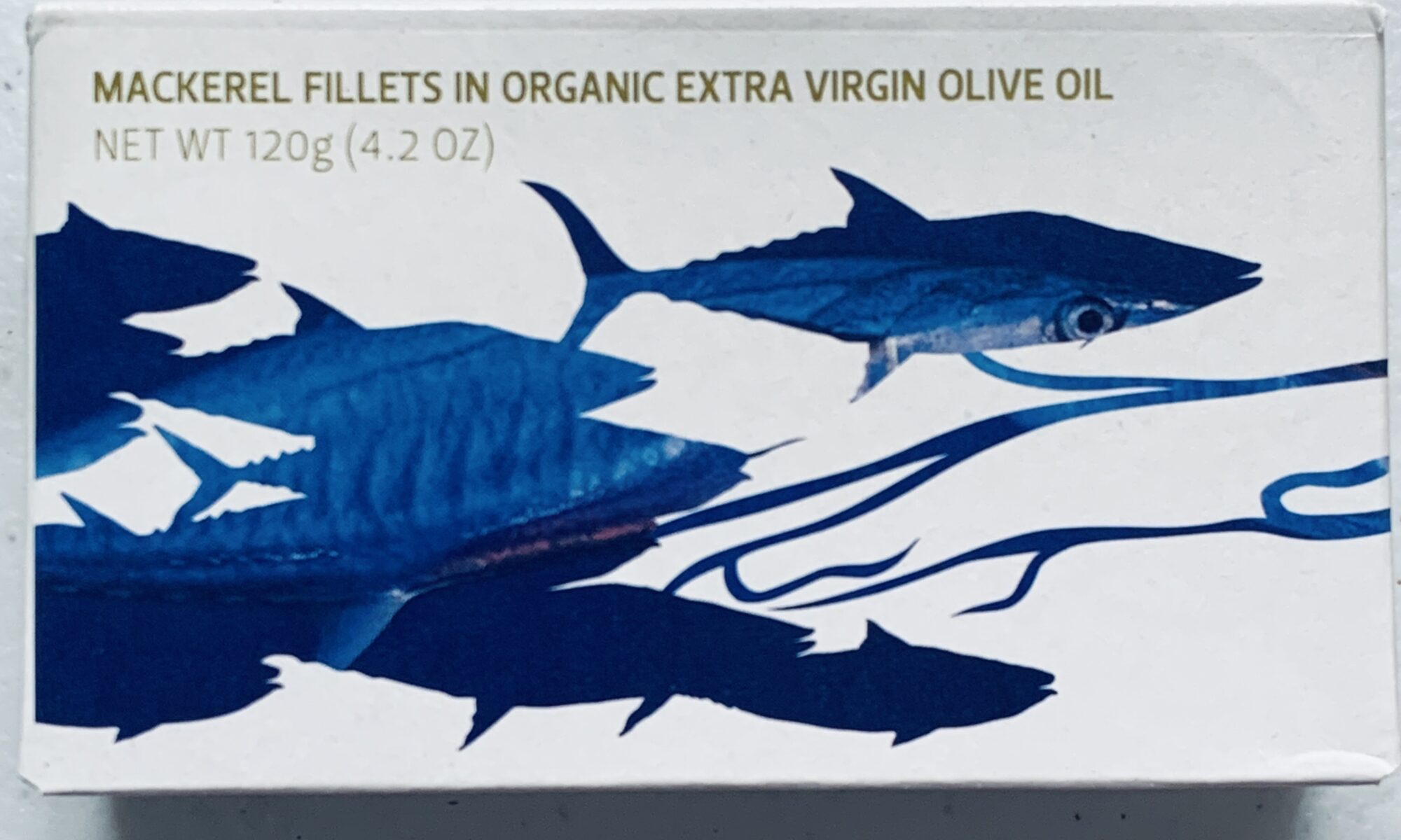 Image of the front of a tin of Maria Organic Mackerel Fillets in Organic EVOO