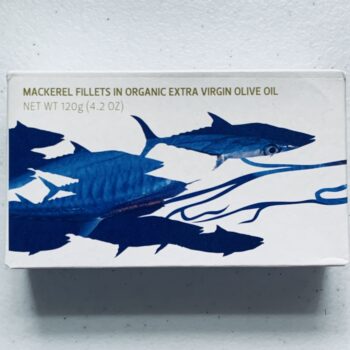 Image of the front of a tin of Maria Organic Mackerel Fillets in Organic EVOO