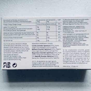 Image of the back of a tin of Maria Organic Mackerel Fillets in Organic EVOO