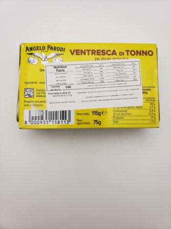 Image of angelo parodi ventresca di tonno back of box with label