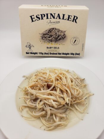 Image of Espinaler premium baby eels on plate with box