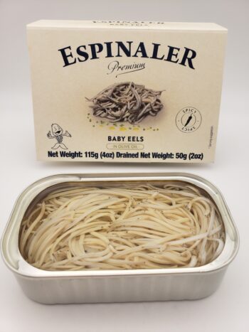 Image of Espinaler premium baby eels open tin with box
