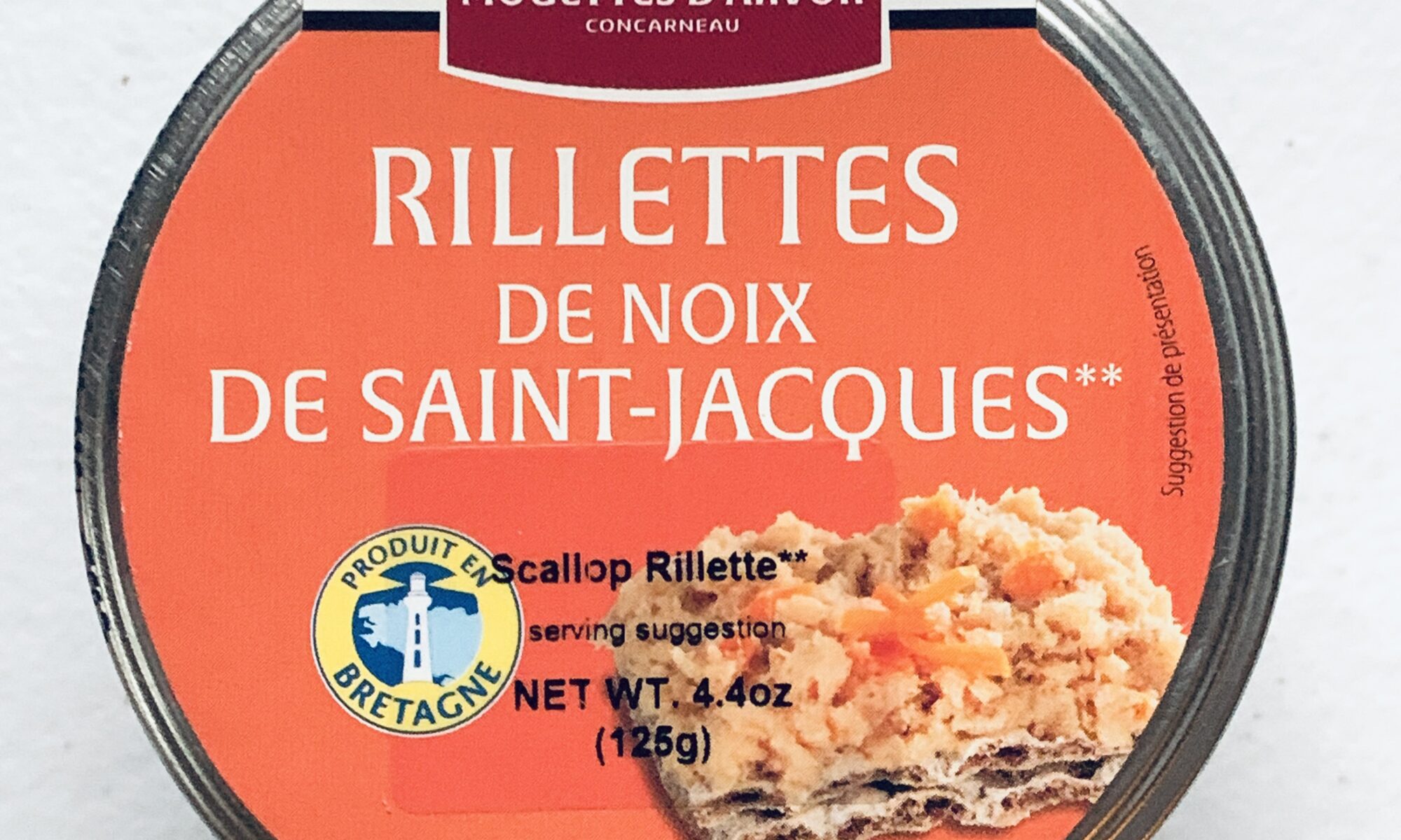 Image of the front of a jar of Mouettes d'Arvor Rillettes de noix de Saint-Jacques (Scallop Rillettes)