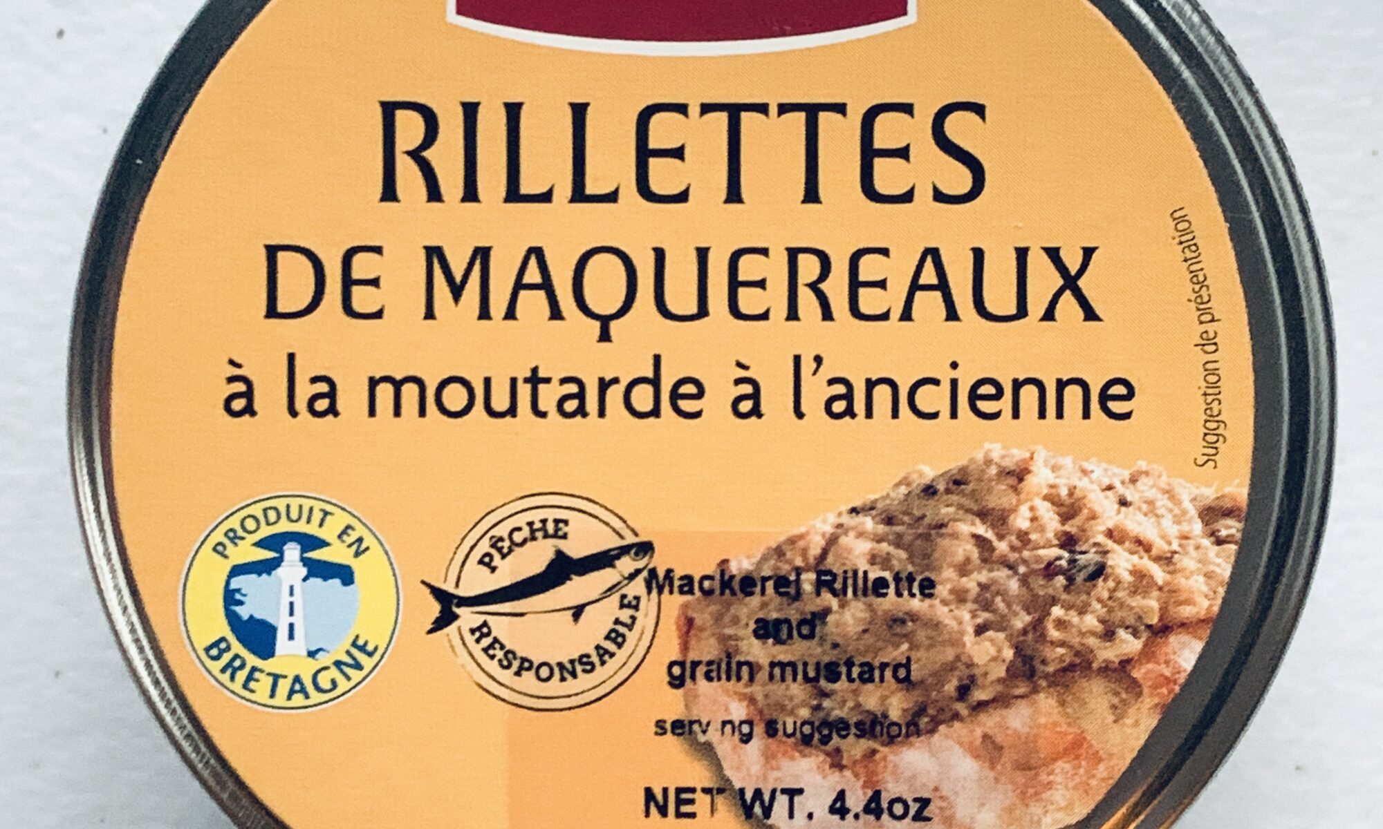 Image of the front of a jar of Mouettes d'Arvor Rillettes de Maquereaux à la moutarde à l'ancienne (Mackerel Rillette with whole grain mustard)