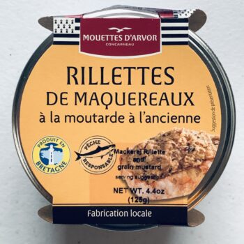 Image of the front of a jar of Mouettes d'Arvor Rillettes de Maquereaux à la moutarde à l'ancienne (Mackerel Rillette with whole grain mustard)
