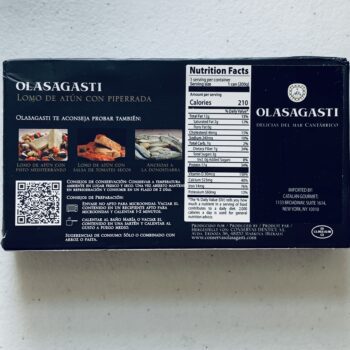 Image of the back of a package of Olasagasti Lomo de atún con piperrada (Tuna Fillet with Basque Piperade)