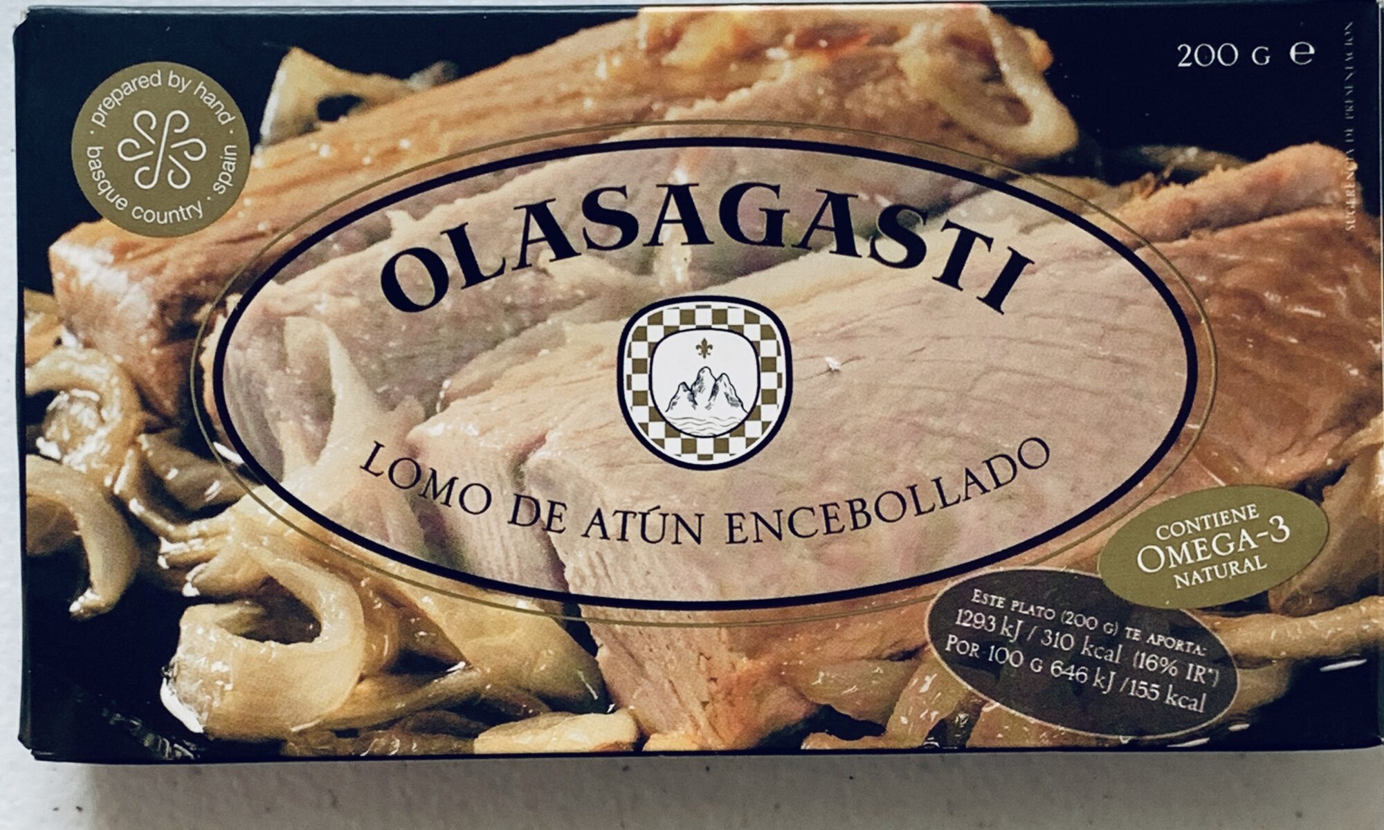 Image of the front of a package of Olasagasti Lomo de atún encebollado (Tuna Fillet with Sauteed Onion and Balsamic Vinegar)