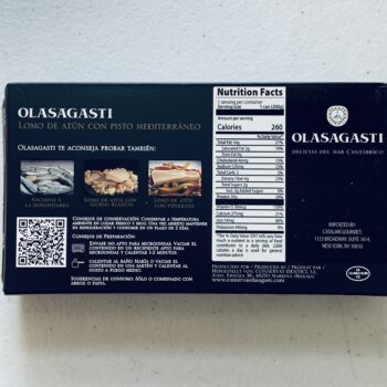 Image of the back of a package of Olasagasti Lomo de atún con pisto mediterráneo (Tuna Fillet with Mediterranean Ratatouille (Pisto))