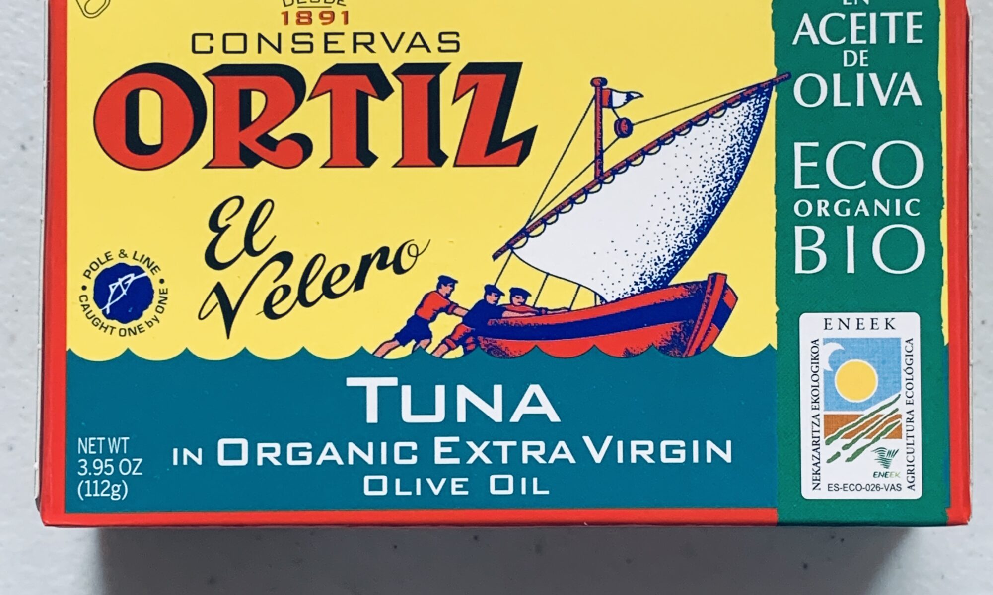 Image of the front of a package of Ortiz Yellowfin Tuna in Organic Extra Virgin Olive Oil